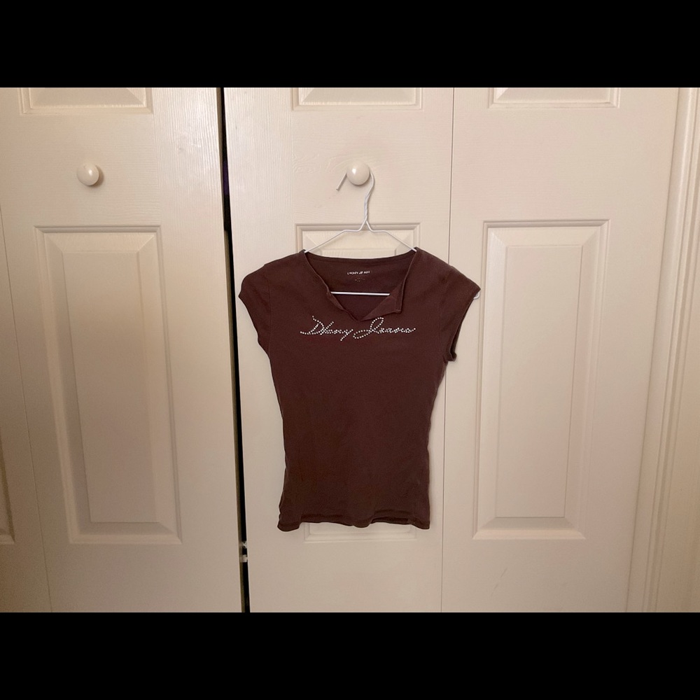 DKNY Jeans Sequined Graphic Brown Shirt (Size S)